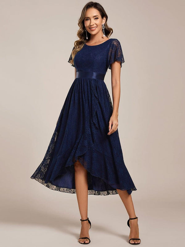 Short Sleeve Ruffled Lace Midi Evening Dress