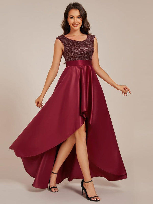 Round Neck Sequin Bodice High-Low Evening Dress