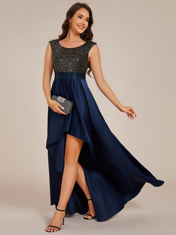 Round Neck Sequin Bodice High-Low Evening Dress