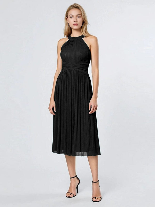 Halter Glitter Mesh Midi Evening Dress