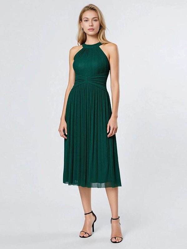 Halter Glitter Mesh Midi Evening Dress