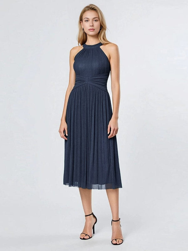 Halter Glitter Mesh Midi Evening Dress