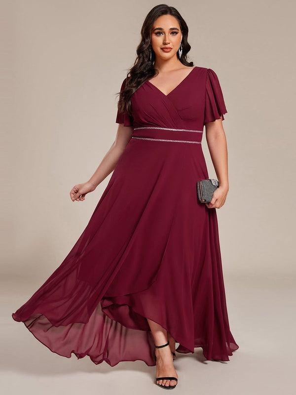 Plus Size Chiffon Ruffle Sleeves Rhinestone Waist High-Low Wedding Guest Dress