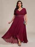 Plus Size Chiffon Ruffle Sleeves Rhinestone Waist High-Low Wedding Guest Dress