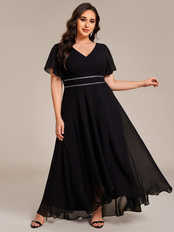 Plus Size Chiffon Ruffle Sleeves Rhinestone Waist High-Low Wedding Guest Dress
