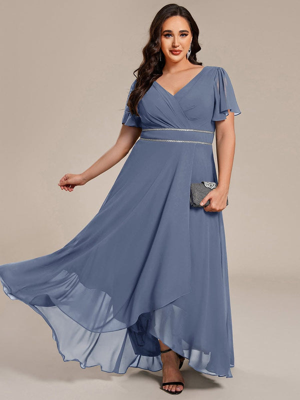 Plus Size Chiffon Ruffle Sleeves Rhinestone Waist High-Low Wedding Guest Dress