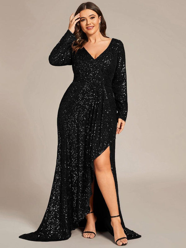 Plus Size Sequin V-neck Long Sleeve Evening Dress (Final Sale)