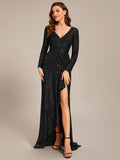 Long Sleeve V-neck Asymmetrical Hem Sequin Evening Dress (Final Sale)