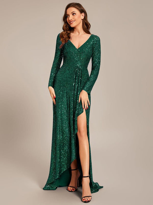 Long Sleeve V-neck Asymmetrical Hem Sequin Evening Dress