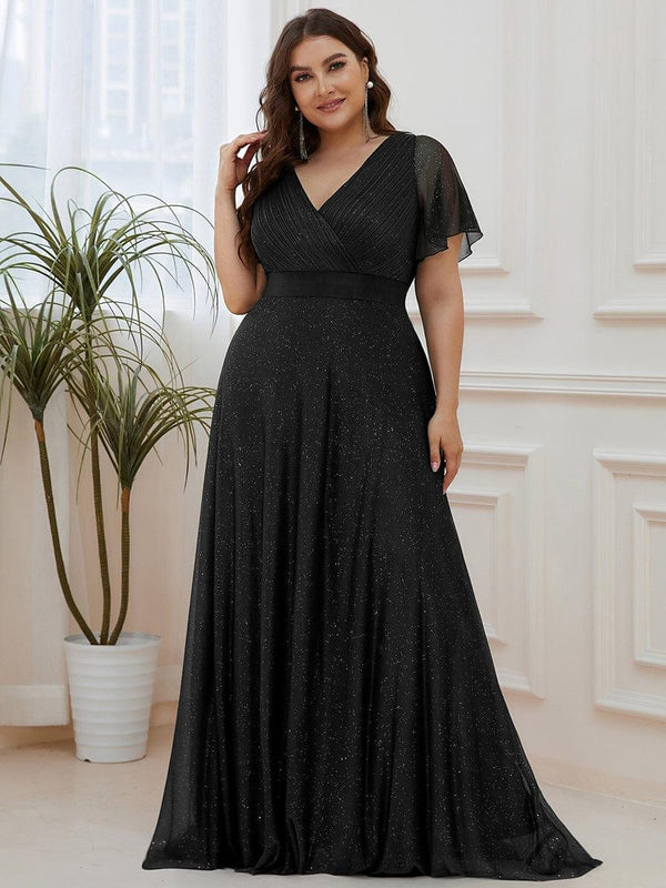 Plus Size Long Shimmery Pleated V-Neck Evening Dress