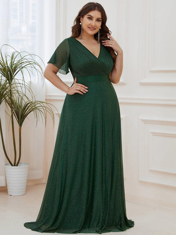 Plus Size Long Shimmery Pleated V-Neck Evening Dress