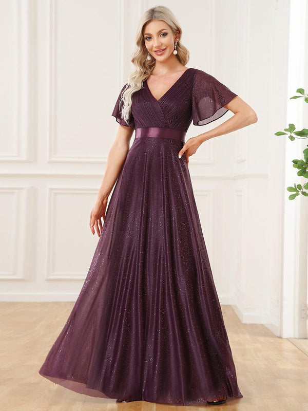 Long Shimmery Flutter Sleeve Pleated V-Neck Evening Dress