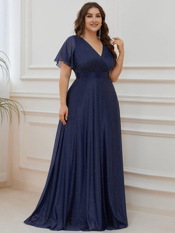 Plus Size Long Shimmery Pleated V-Neck Evening Dress with Flutter Sleeve