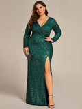 Plus Size Sequin Long Sleeves High Slit Evening Dress