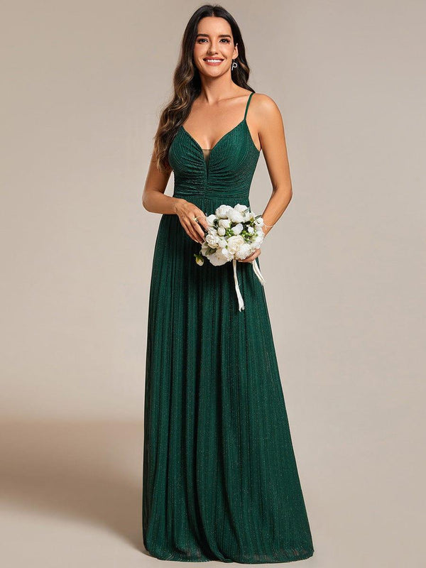 Glittering Pleated Spaghetti Straps Evening Dress