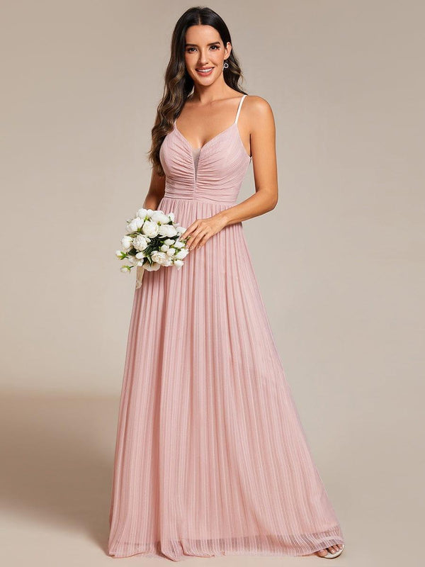 Glittering Pleated Spaghetti Straps Dress with Empire Waist In Pink