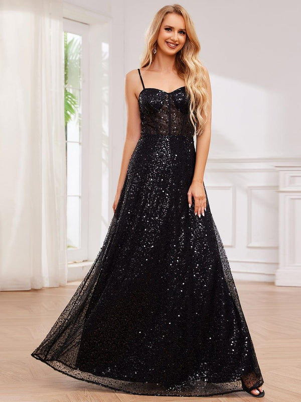 Spaghetti Strap Corset Sequin A-Line Evening Maxi Dress