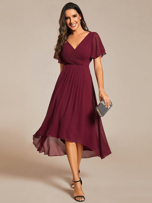 Chiffon Pleated V Neck High-Low Bridesmaid Dress