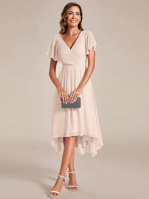 V Neck High-Low Short Sleeve Wedding Guest Dress