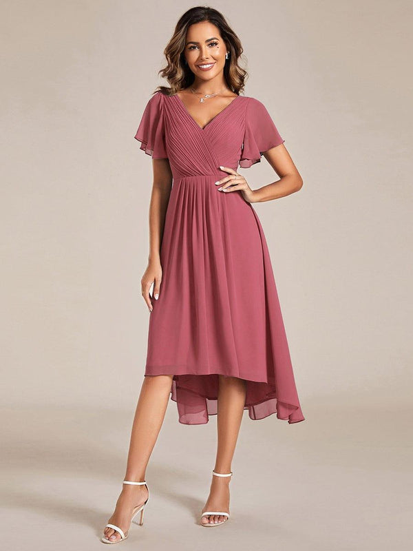 V Neck High-Low Short Sleeve Wedding Guest Dress