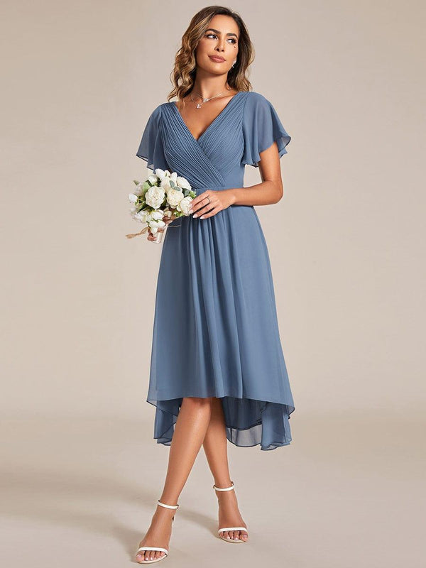 Chiffon Pleated V Neck High-Low Bridesmaid Dress