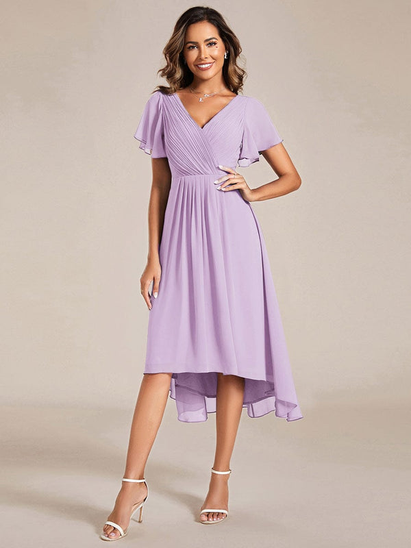 V Neck High-Low Wedding Dress
