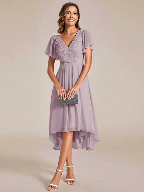 V Neck High-Low Short Sleeve Wedding Guest Dress