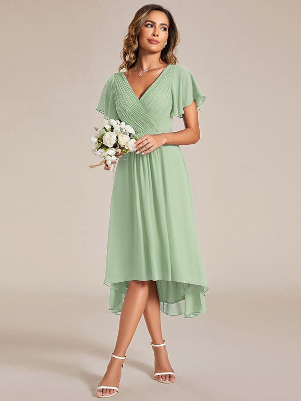Chiffon Pleated V Neck High-Low Bridesmaid Dress