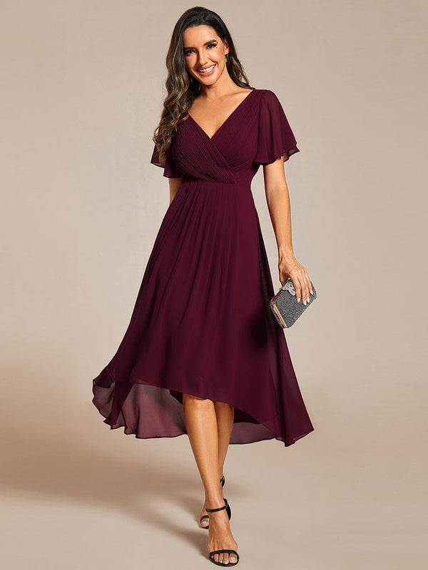 V Neck High-Low Short Sleeve Wedding Guest Dress