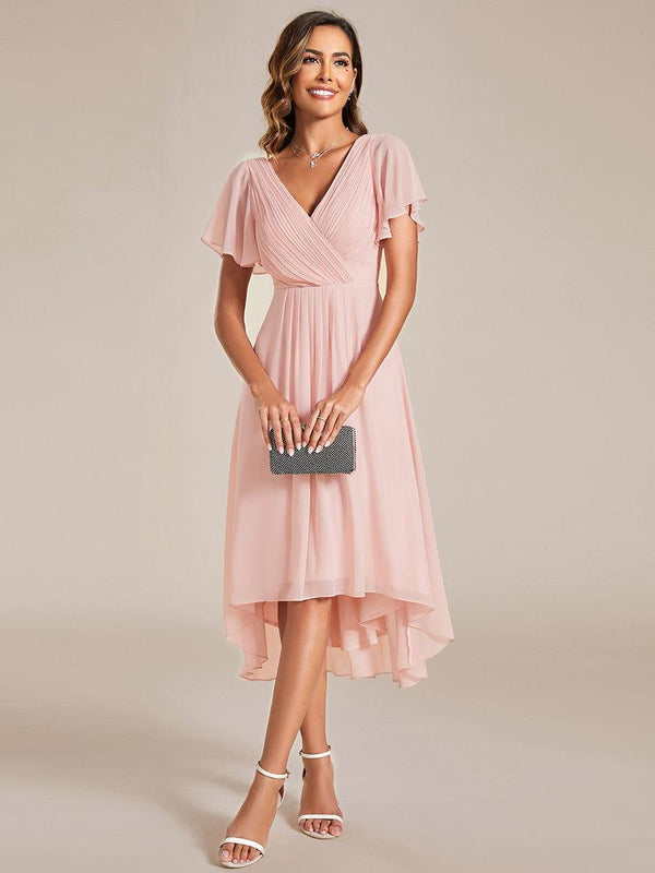 Chiffon Pleated V Neck High-Low Bridesmaid Dress
