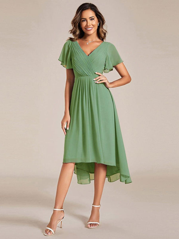 V Neck High-Low Short Sleeve Wedding Guest Dress
