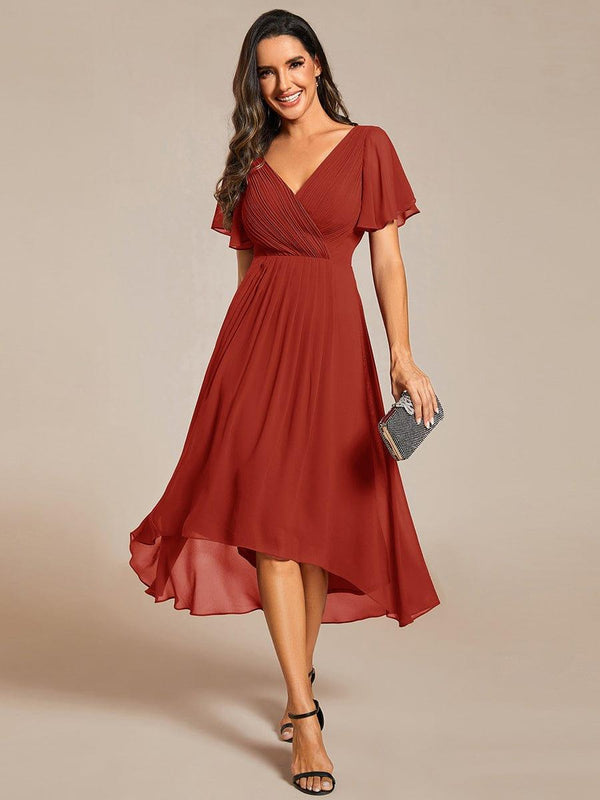 V Neck High-Low Short Sleeve Wedding Guest Dress