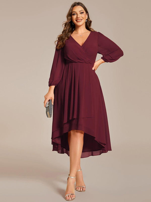 Plus Size 3/4 Sleeve V-Neck Chiffon High Low Wedding Guest Dress