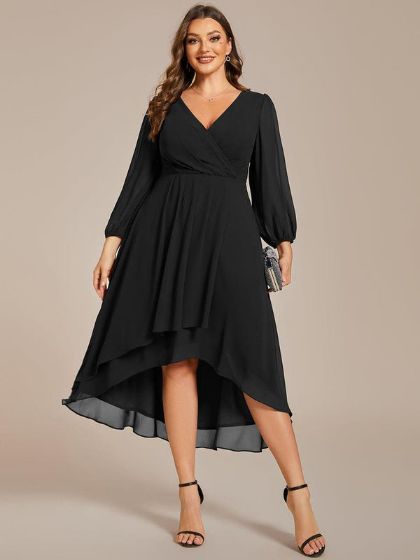 Plus Size 3/4 Sleeve V-Neck Chiffon High Low Wedding Guest Dress