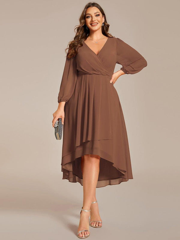 Plus Size 3/4 Sleeve V-Neck Chiffon High Low Wedding Guest Dress