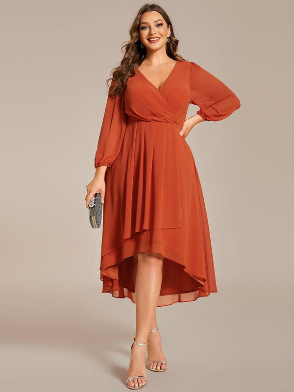 Plus Size 3/4 Sleeve V-Neck Chiffon High Low Wedding Guest Dress