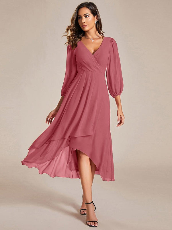 Chiffon 3/4 Sleeve V-Neck High-Low Wedding Guest Dress