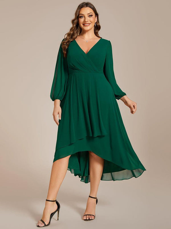 Plus Size 3/4 Sleeve V-Neck Chiffon High Low Wedding Guest Dress