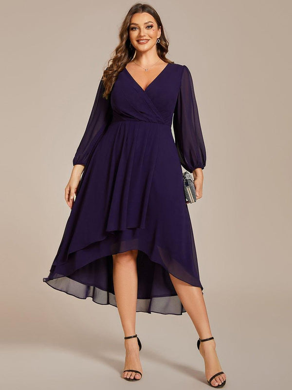 Plus Size 3/4 Sleeve V-Neck Chiffon High Low Wedding Guest Dress