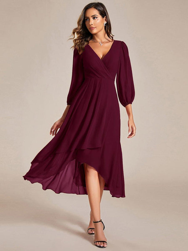 Chiffon 3/4 Sleeve V-Neck High-Low Wedding Guest Dress