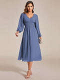 Elegant V Neck Long Sleeves Midi Wedding Guest Dress