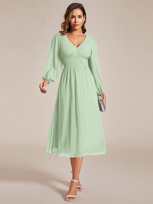 V Neck Long Sleeves Midi Wedding Guest Dress