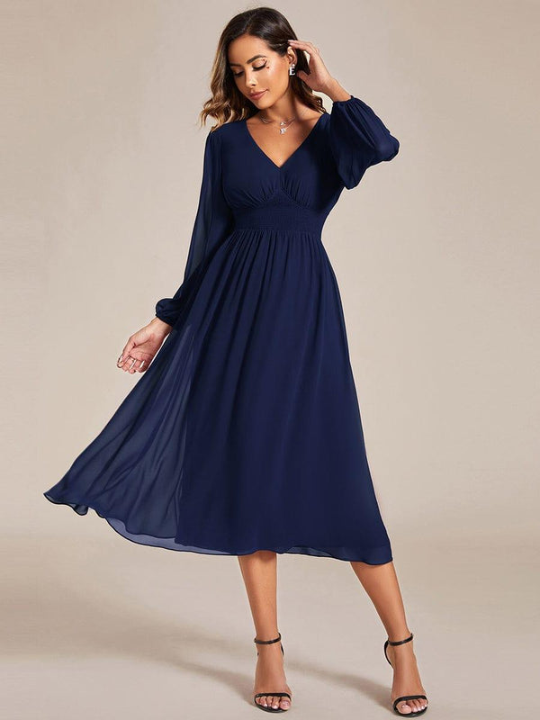V Neck Long Sleeves Midi Wedding Guest Dress