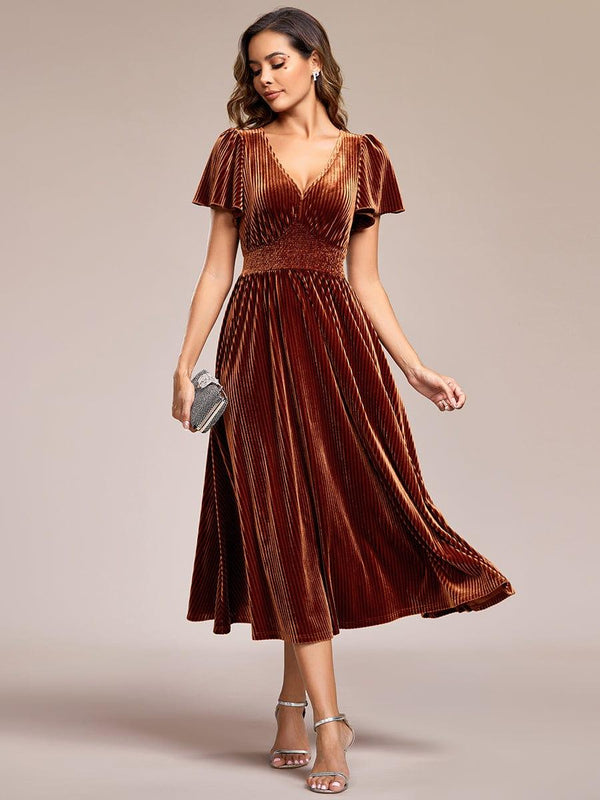 Striped Velvet Flutter Sleeves V-Neck Midi Evening Dress