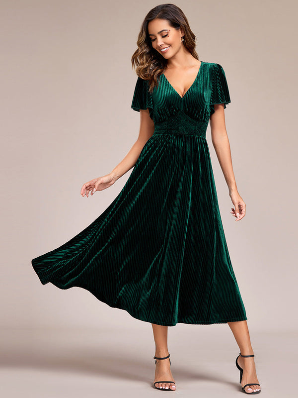 Striped Velvet Flutter Sleeves V-Neck Midi Evening Dress