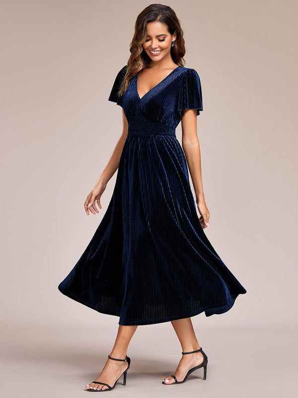 Striped Velvet Flutter Sleeves V-Neck Midi Wedding Guest Dress