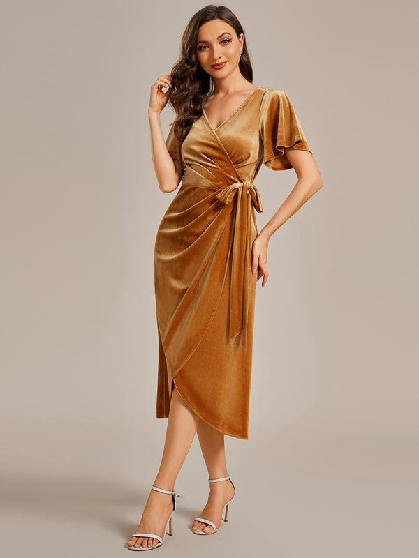 Flutter Sleeves V-Neck Velvet Wedding Guest Dress