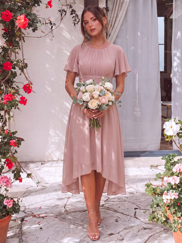 Flowy Chiffon Round Neckline A-Line Knee Length Wedding Guest Dress
