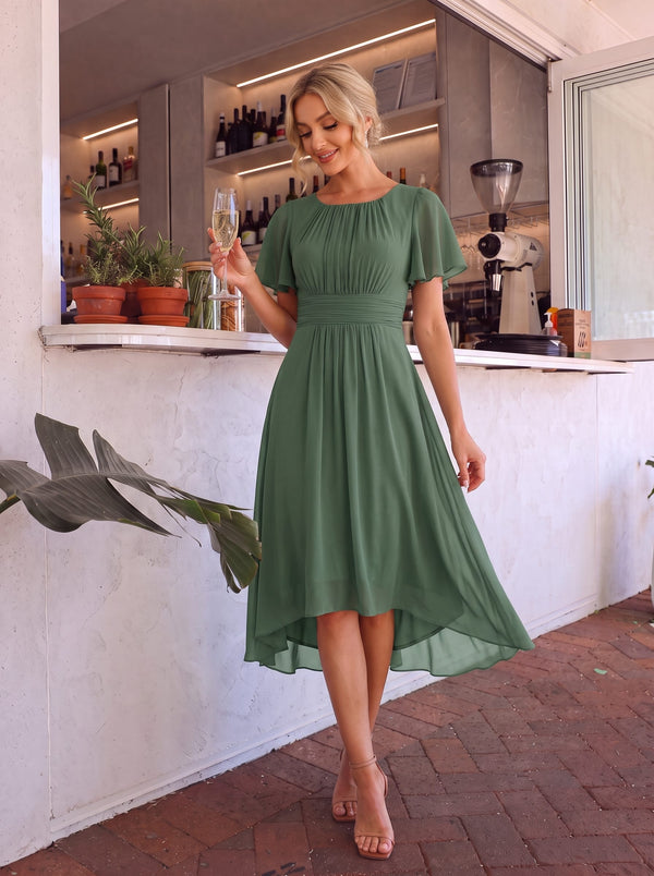 Flowy Chiffon Round Neckline A-Line Knee Length Wedding Guest Dress