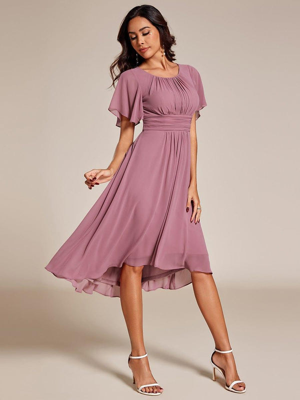 Flowy Chiffon Round Neckline A-Line Knee Length Wedding Guest Dress
